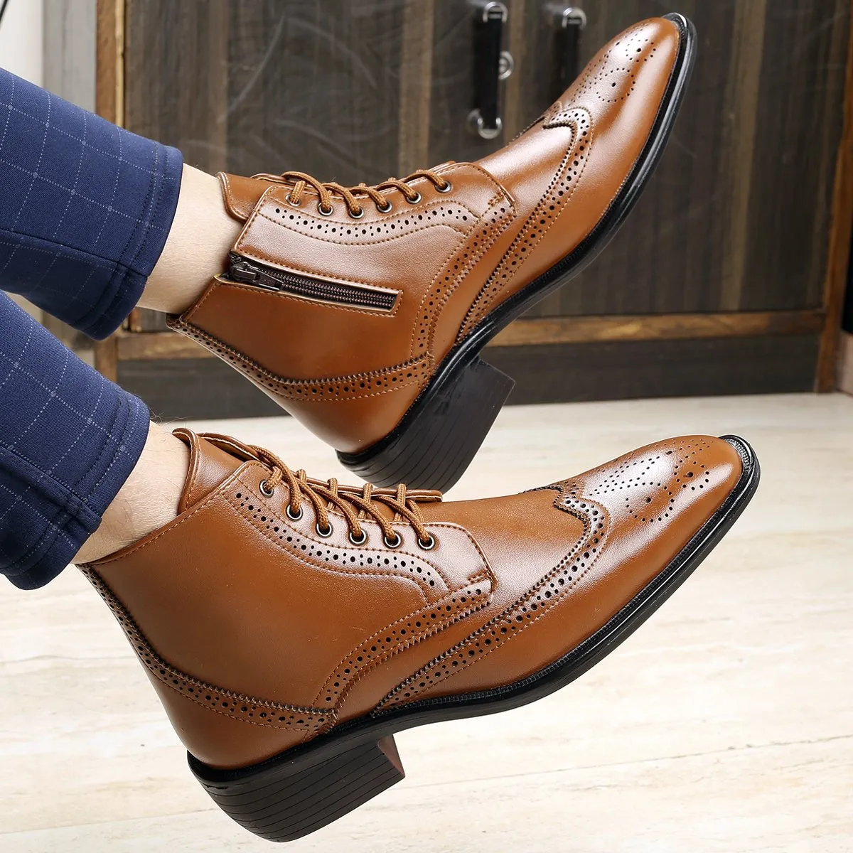 Men's Height Increasing Latest Formal / Semi-Formal Cow Boy Ankle Zipper Lace-Up Brogue Boots