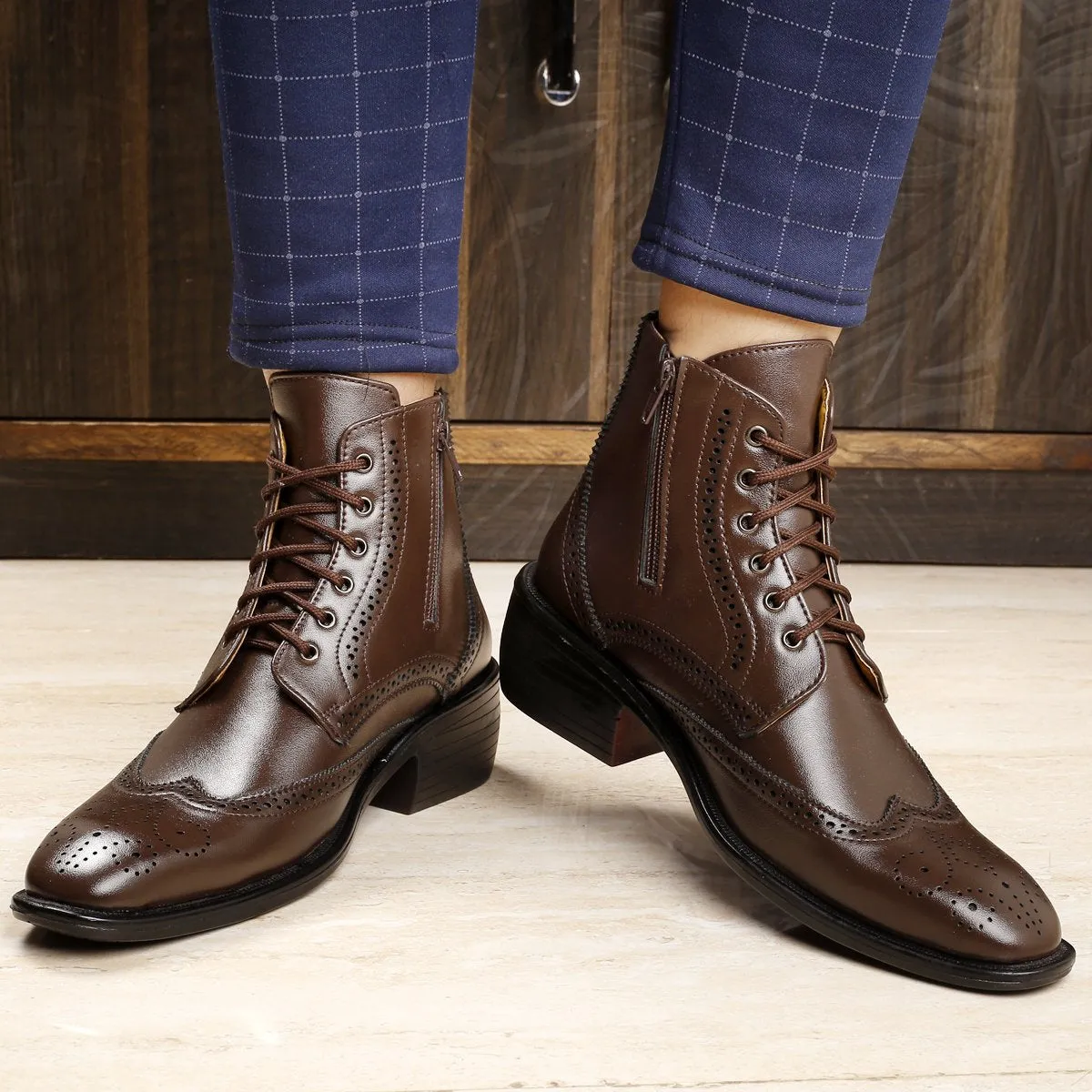 Men's Height Increasing Latest Formal / Semi-Formal Cow Boy Ankle Zipper Lace-Up Brogue Boots