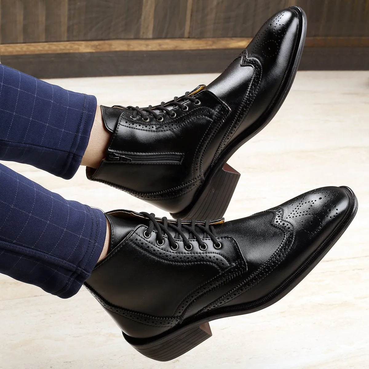 Men's Height Increasing Latest Formal / Semi-Formal Cow Boy Ankle Zipper Lace-Up Brogue Boots