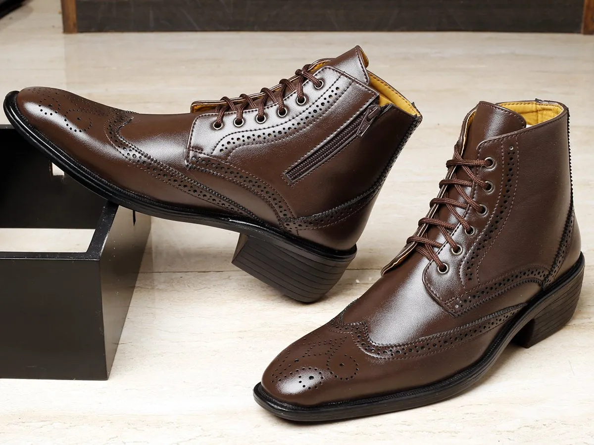 Men's Height Increasing Latest Formal / Semi-Formal Cow Boy Ankle Zipper Lace-Up Brogue Boots