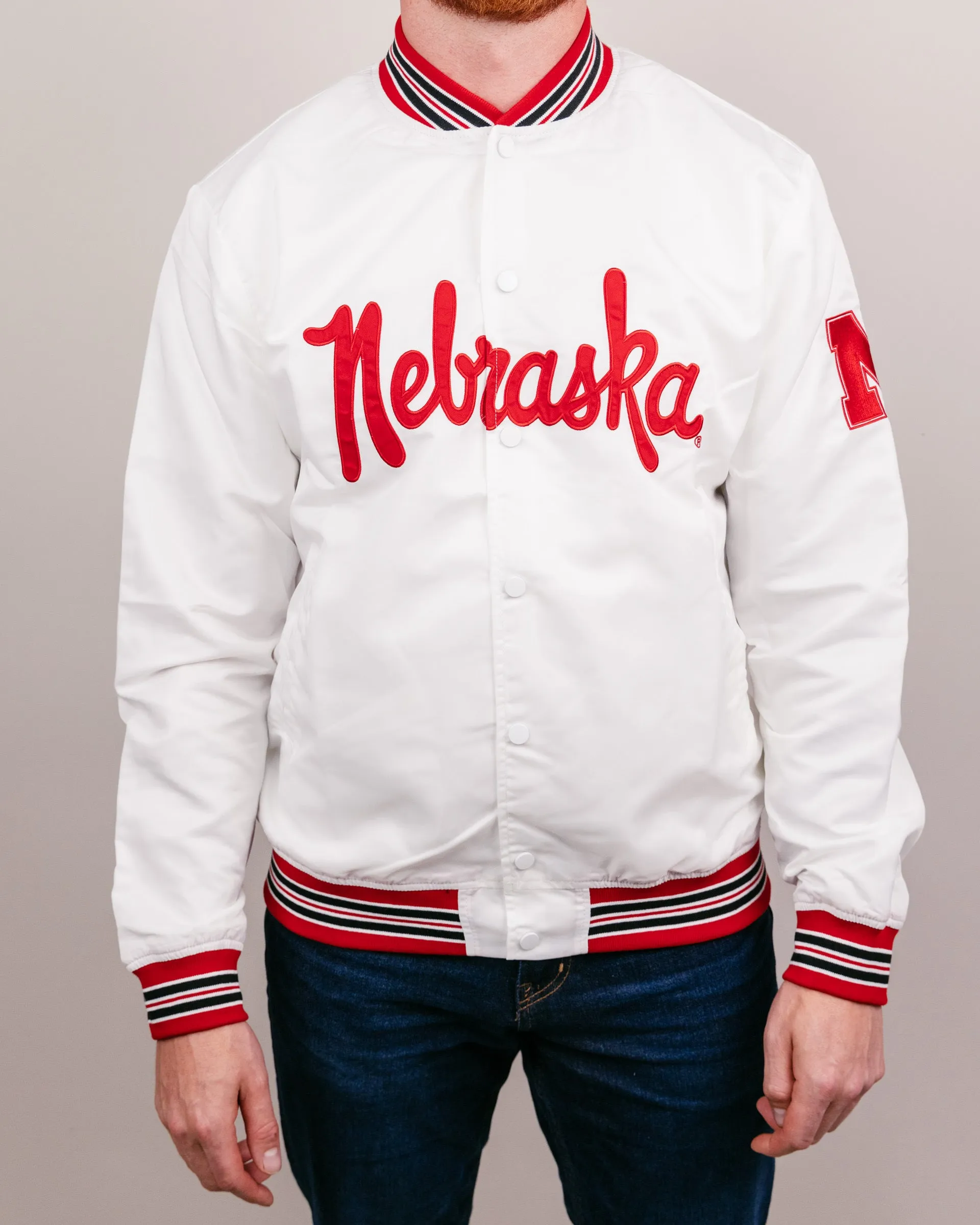 Nebraska Script Vintage White Varsity Jacket