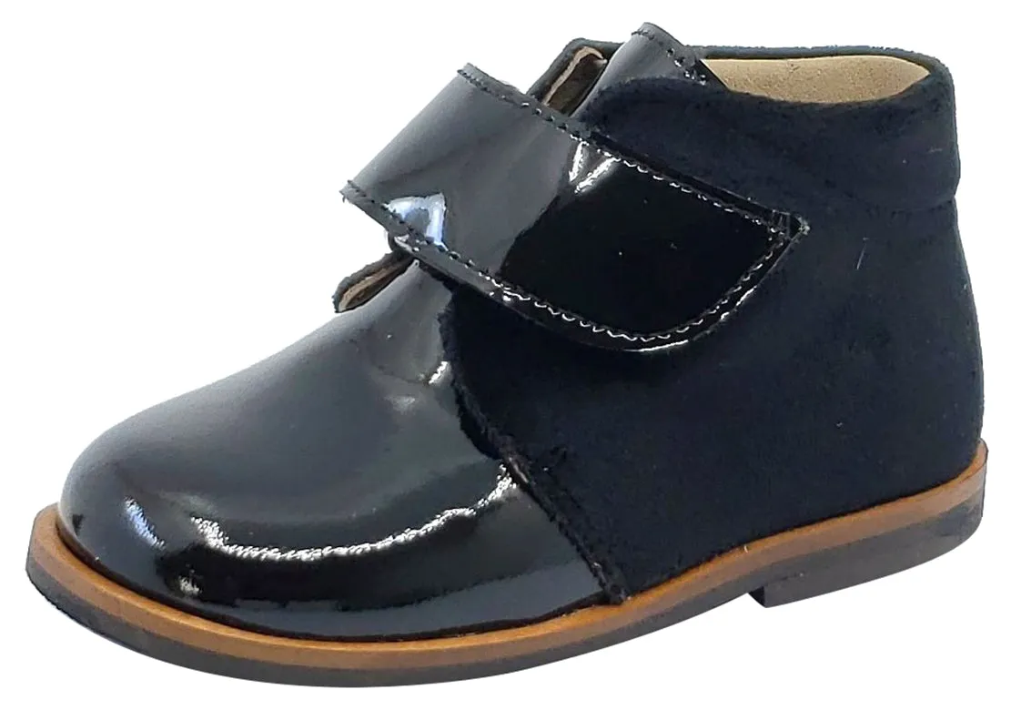 Pataletas for Boy's and Girl's Charol Black Leather Velvet Hook and Loop Closure Bootie