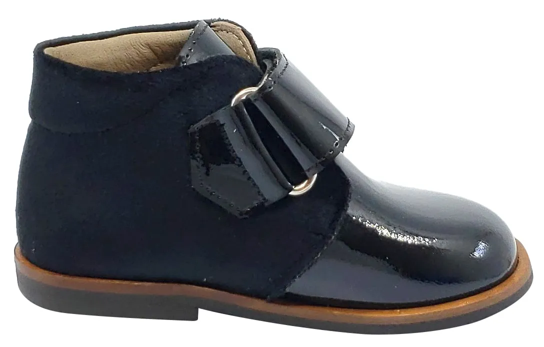 Pataletas for Boy's and Girl's Charol Black Leather Velvet Hook and Loop Closure Bootie