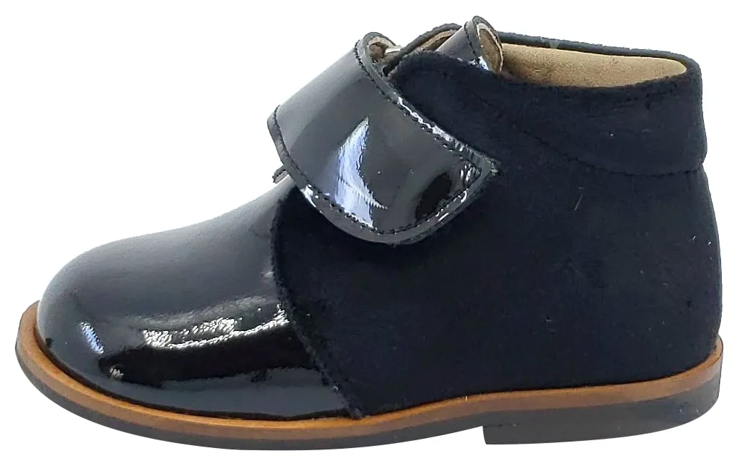 Pataletas for Boy's and Girl's Charol Black Leather Velvet Hook and Loop Closure Bootie
