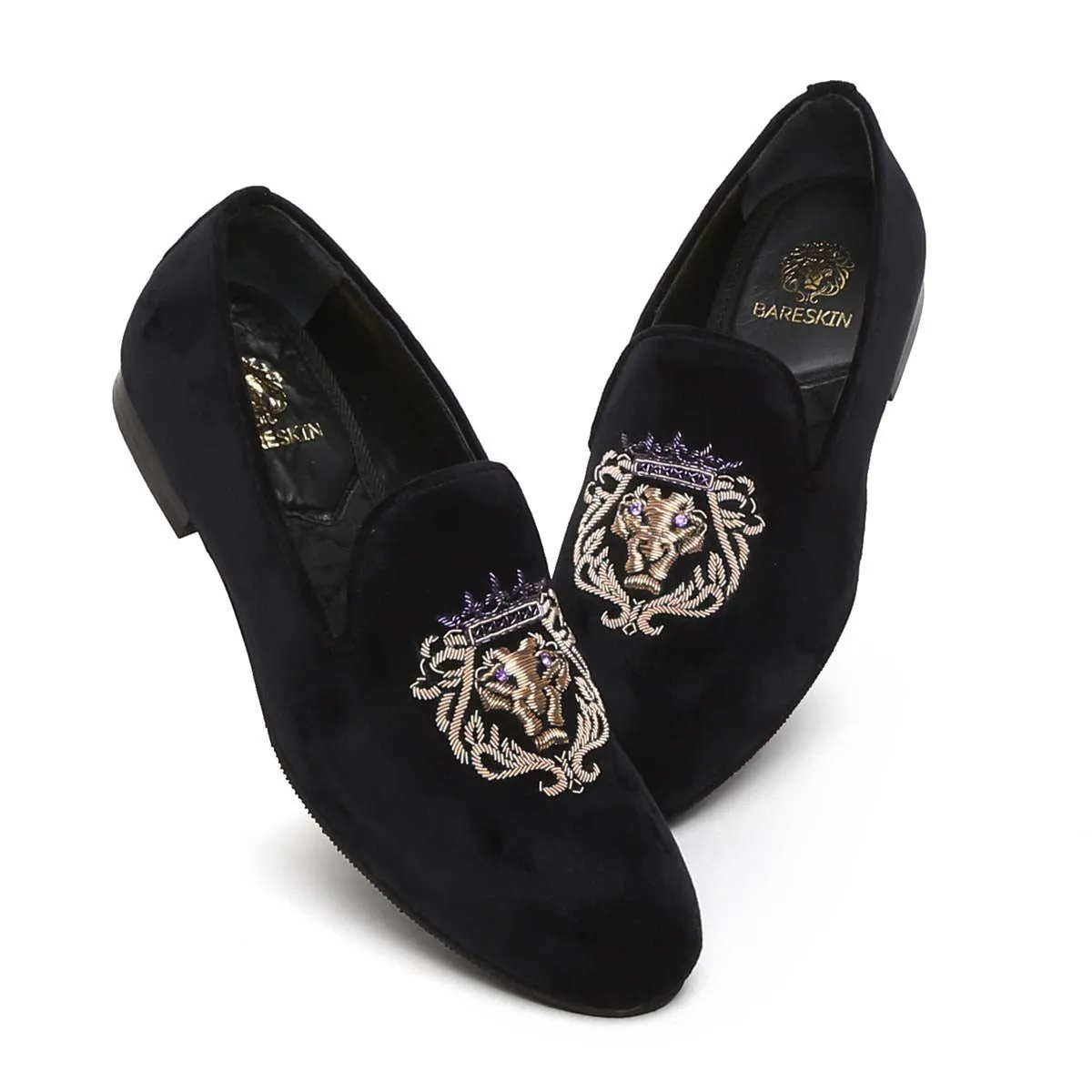 Purple Crown Lion Zardosi Black Velvet Slip-On Shoes