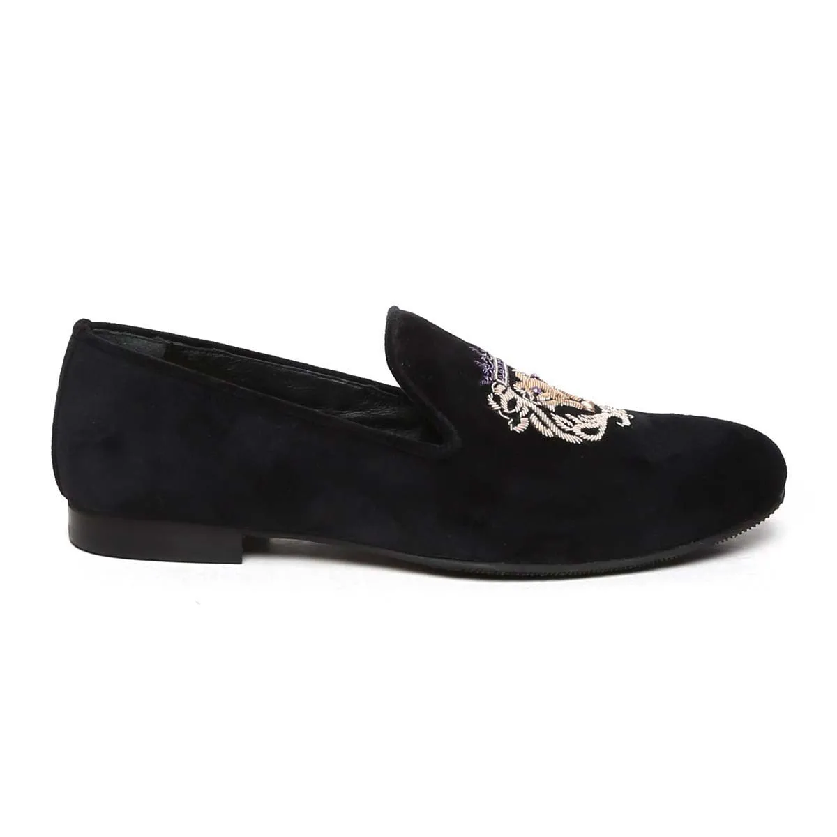 Purple Crown Lion Zardosi Black Velvet Slip-On Shoes