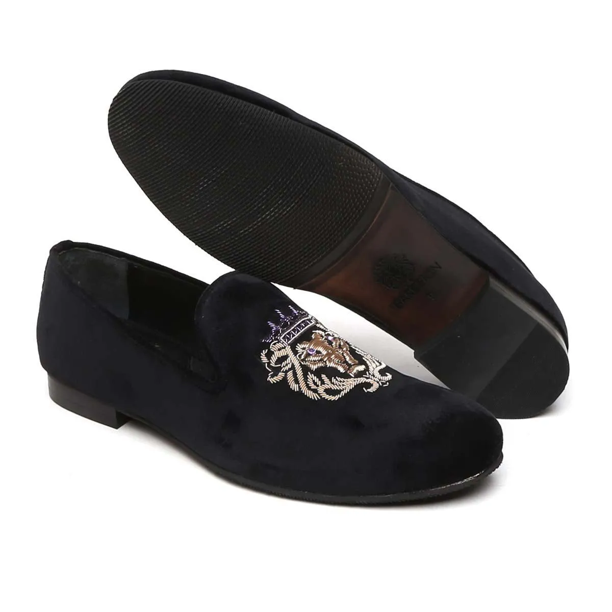 Purple Crown Lion Zardosi Black Velvet Slip-On Shoes