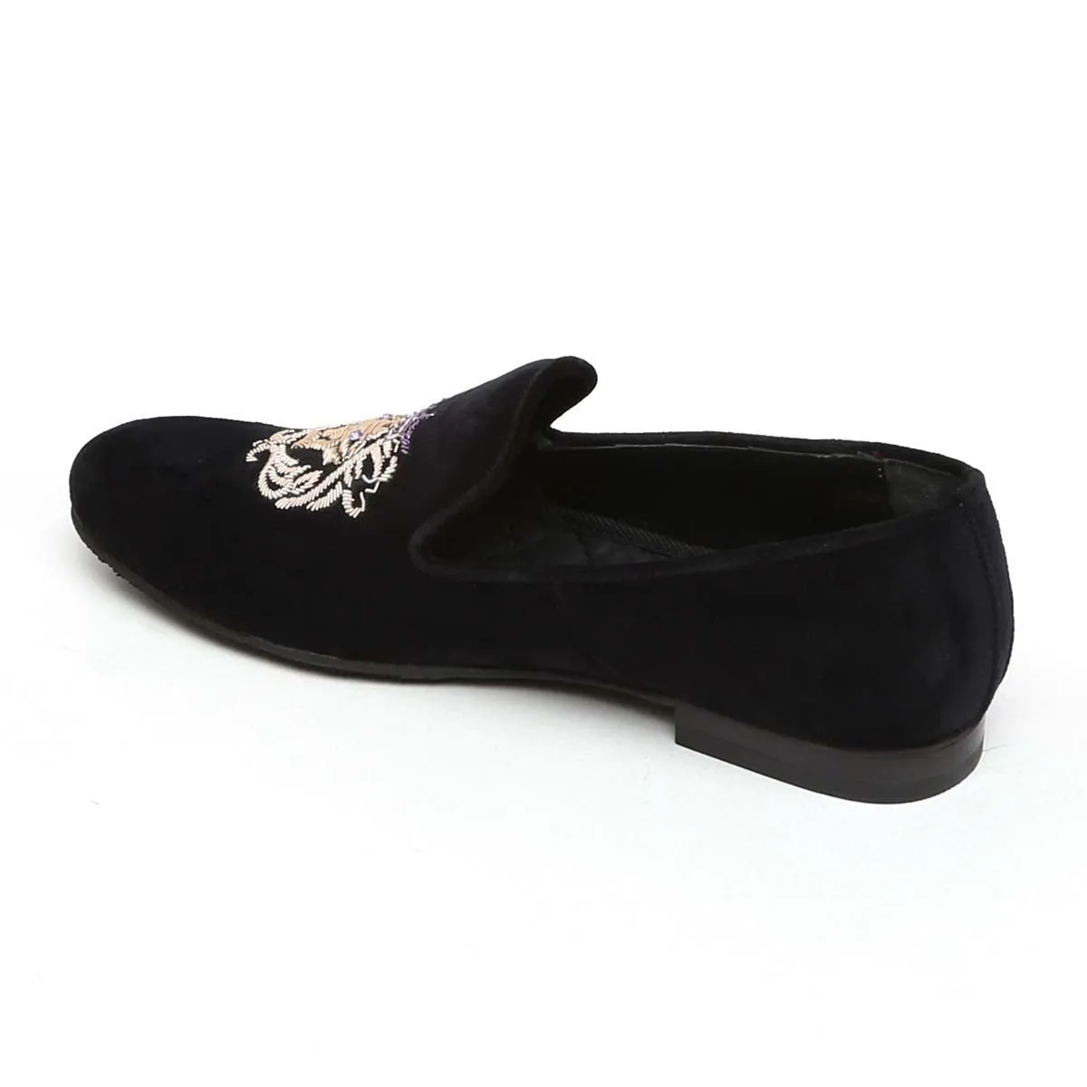 Purple Crown Lion Zardosi Black Velvet Slip-On Shoes