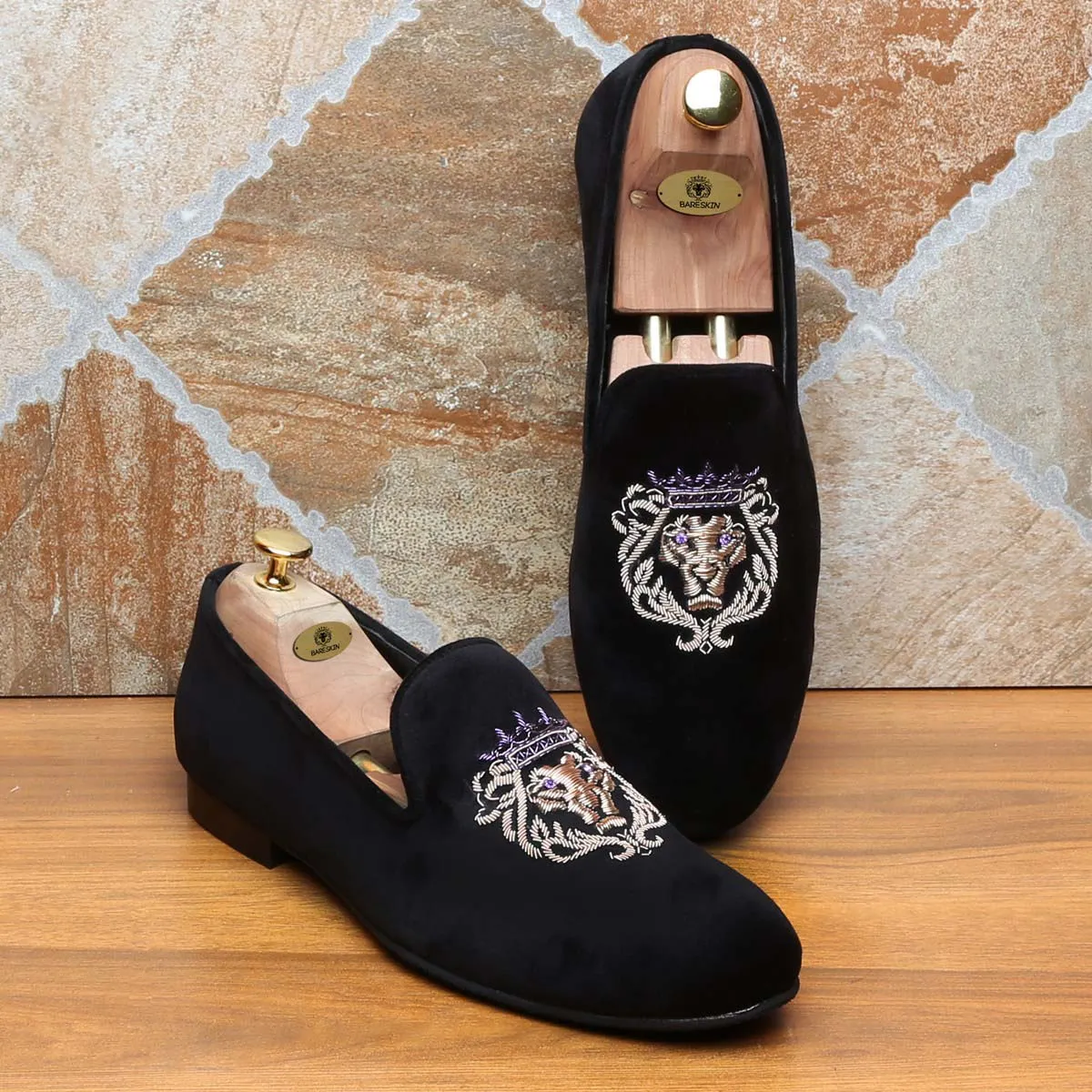 Purple Crown Lion Zardosi Black Velvet Slip-On Shoes