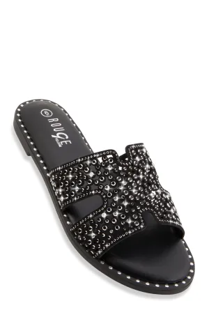 Rhinestone Studded Cut Out Band Slide Sandals