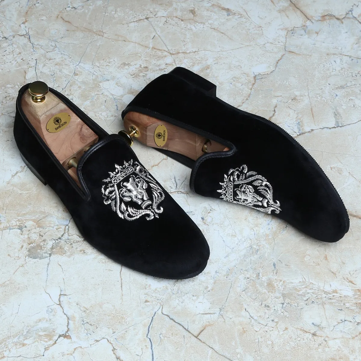 Silver Lion Zardosi Black Velvet Slip-On by Brune & Bareskin