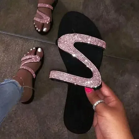 Spring/summer 2024 new sandals women bright diamond casual outdoor travel flip flop beach shoes non-slip durable slippers ms