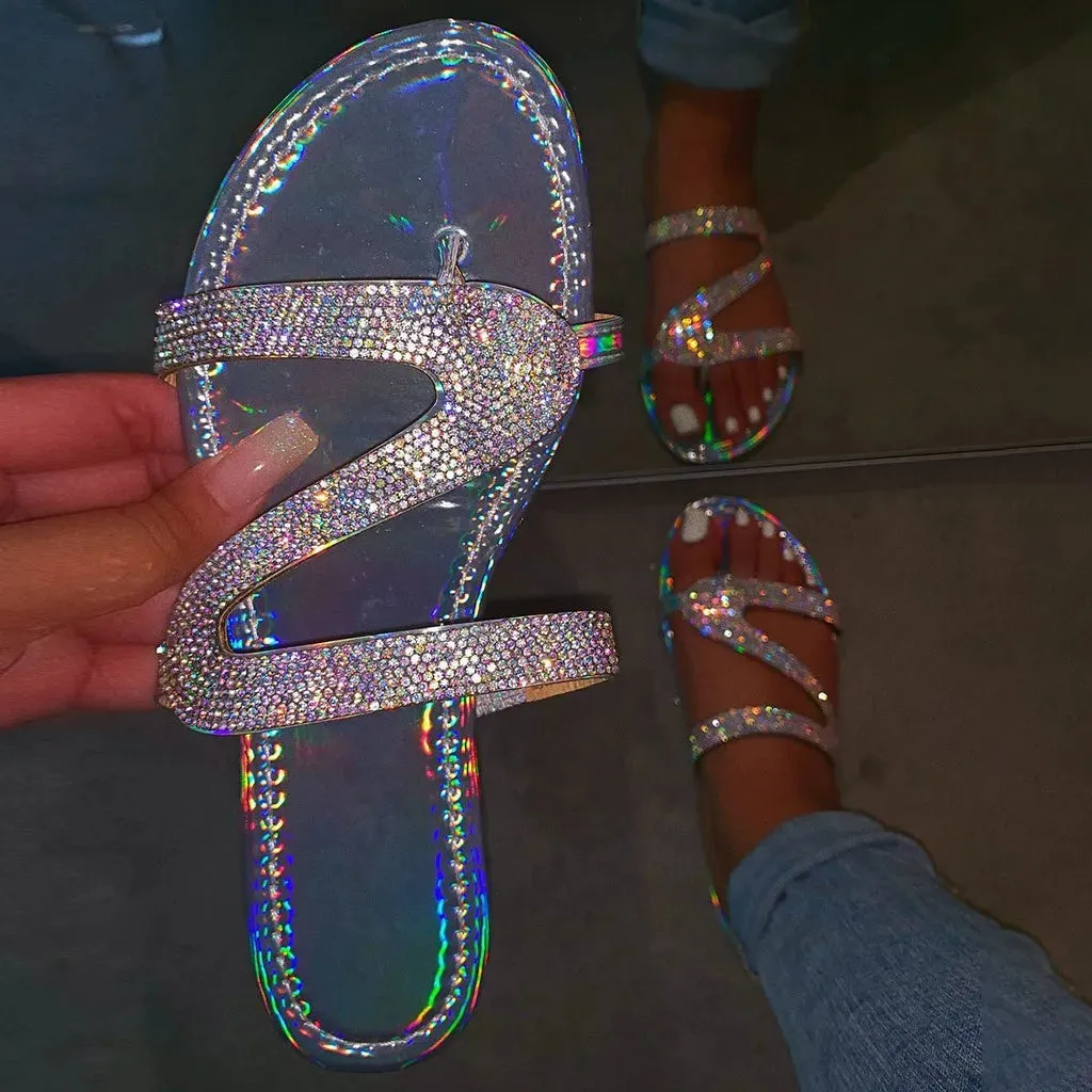 Spring/summer 2024 new sandals women bright diamond casual outdoor travel flip flop beach shoes non-slip durable slippers ms