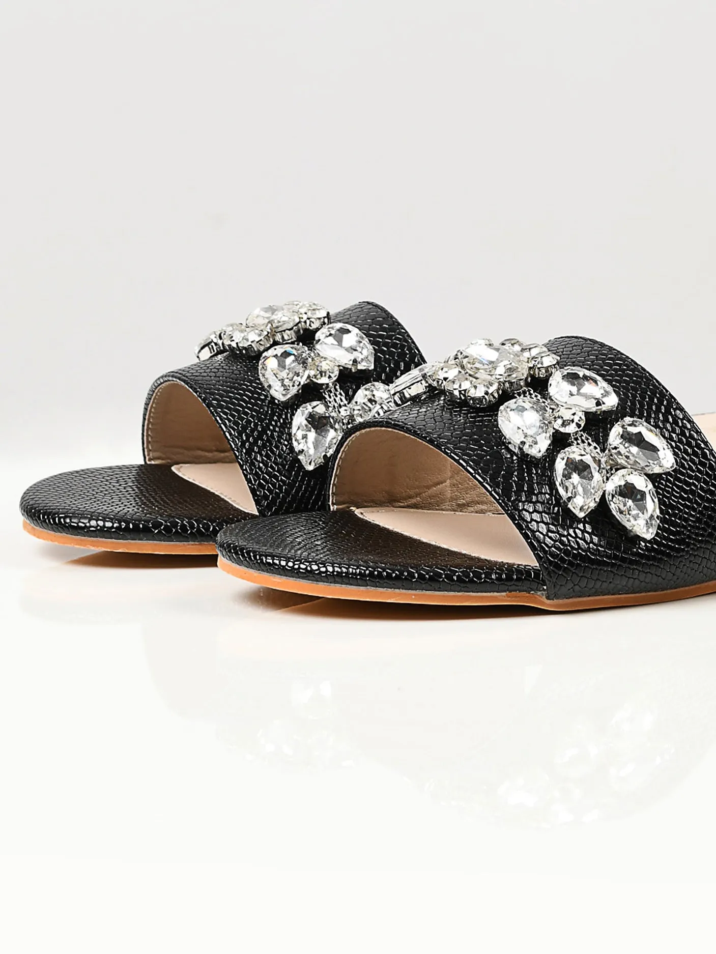 Stone Studded Slides - Black