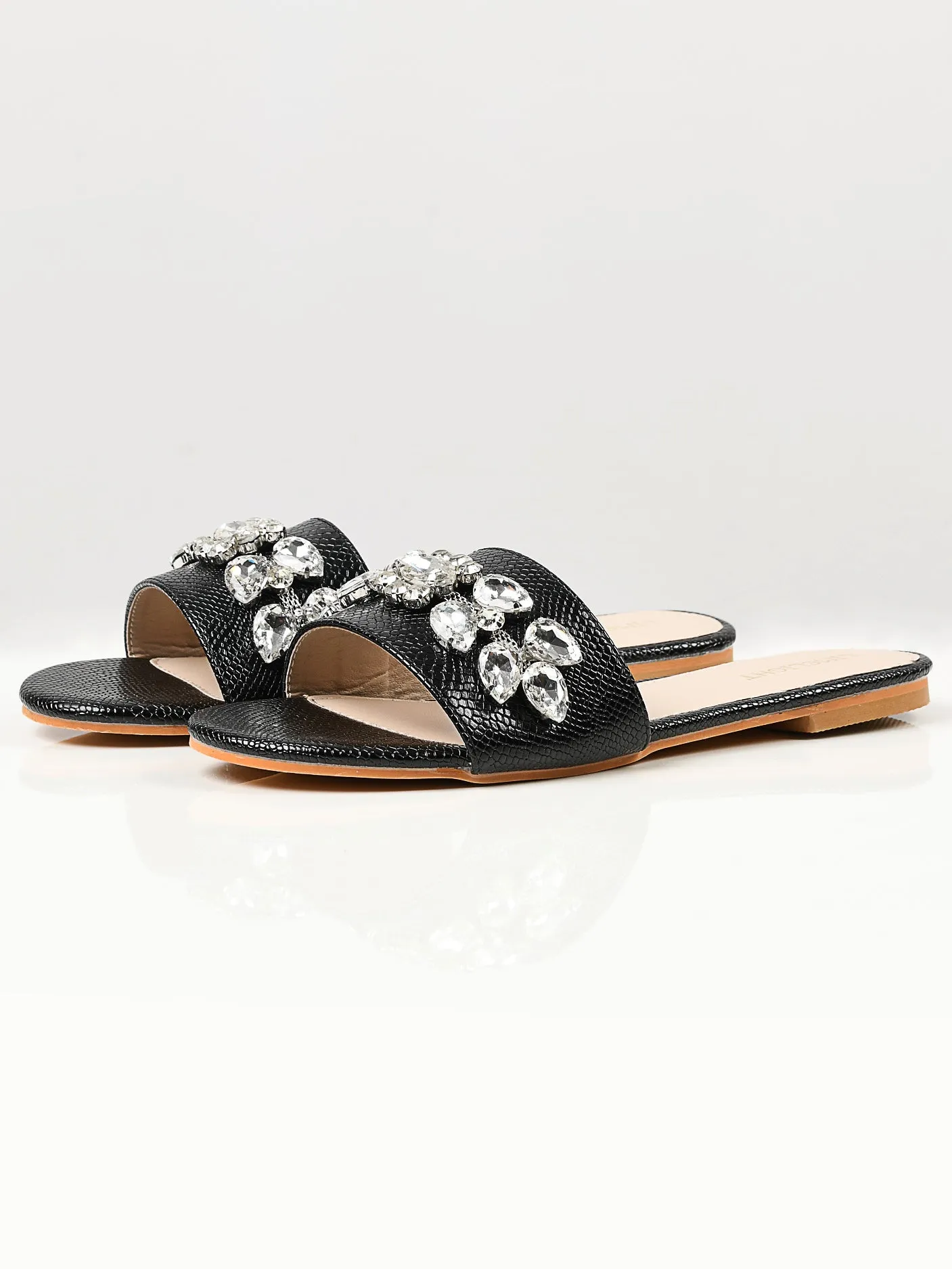 Stone Studded Slides - Black
