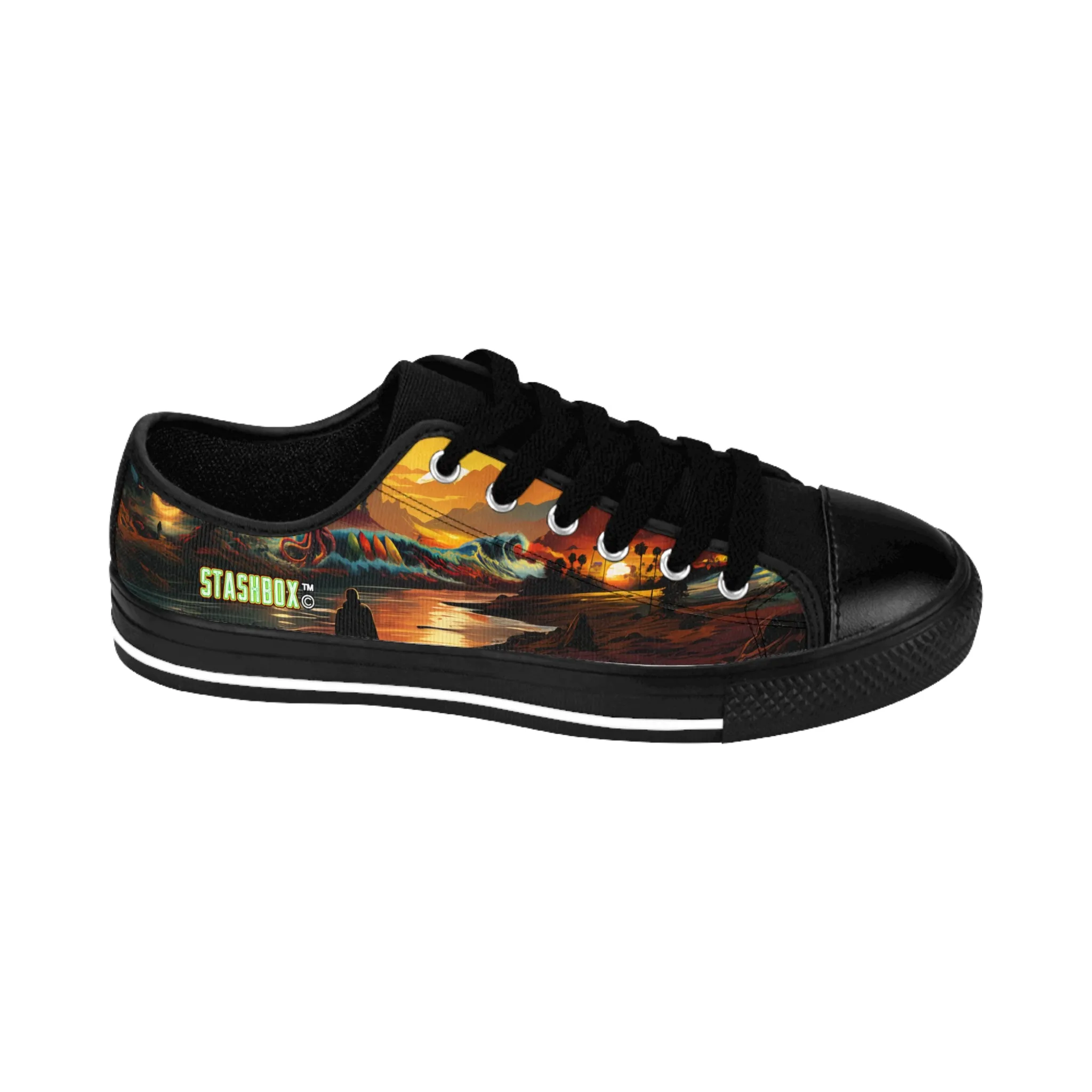 Sunset Waves, Surfboards, & Kraken - Custom Men's Sneakers - Surfboard Design #002