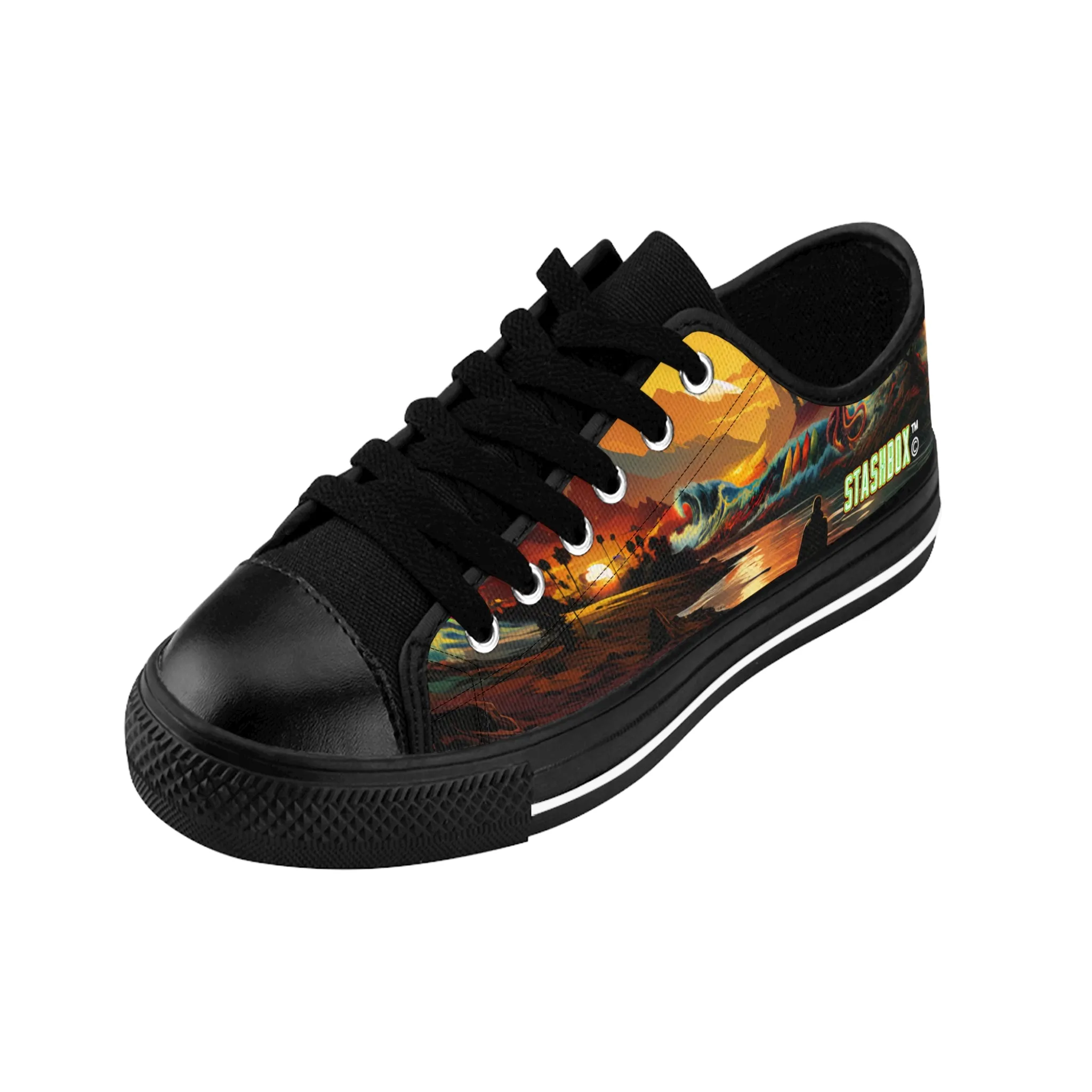 Sunset Waves, Surfboards, & Kraken - Custom Men's Sneakers - Surfboard Design #002