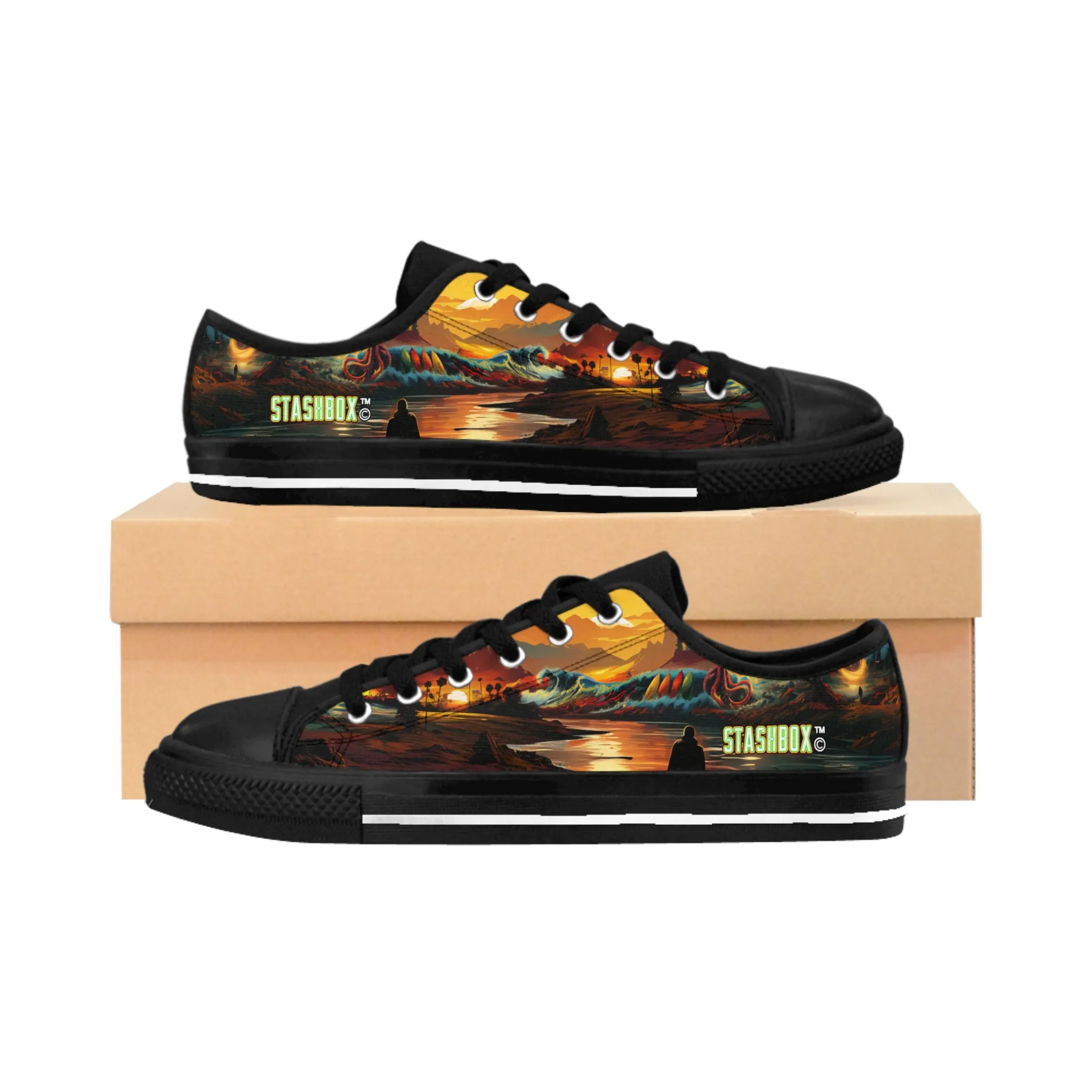 Sunset Waves, Surfboards, & Kraken - Custom Men's Sneakers - Surfboard Design #002
