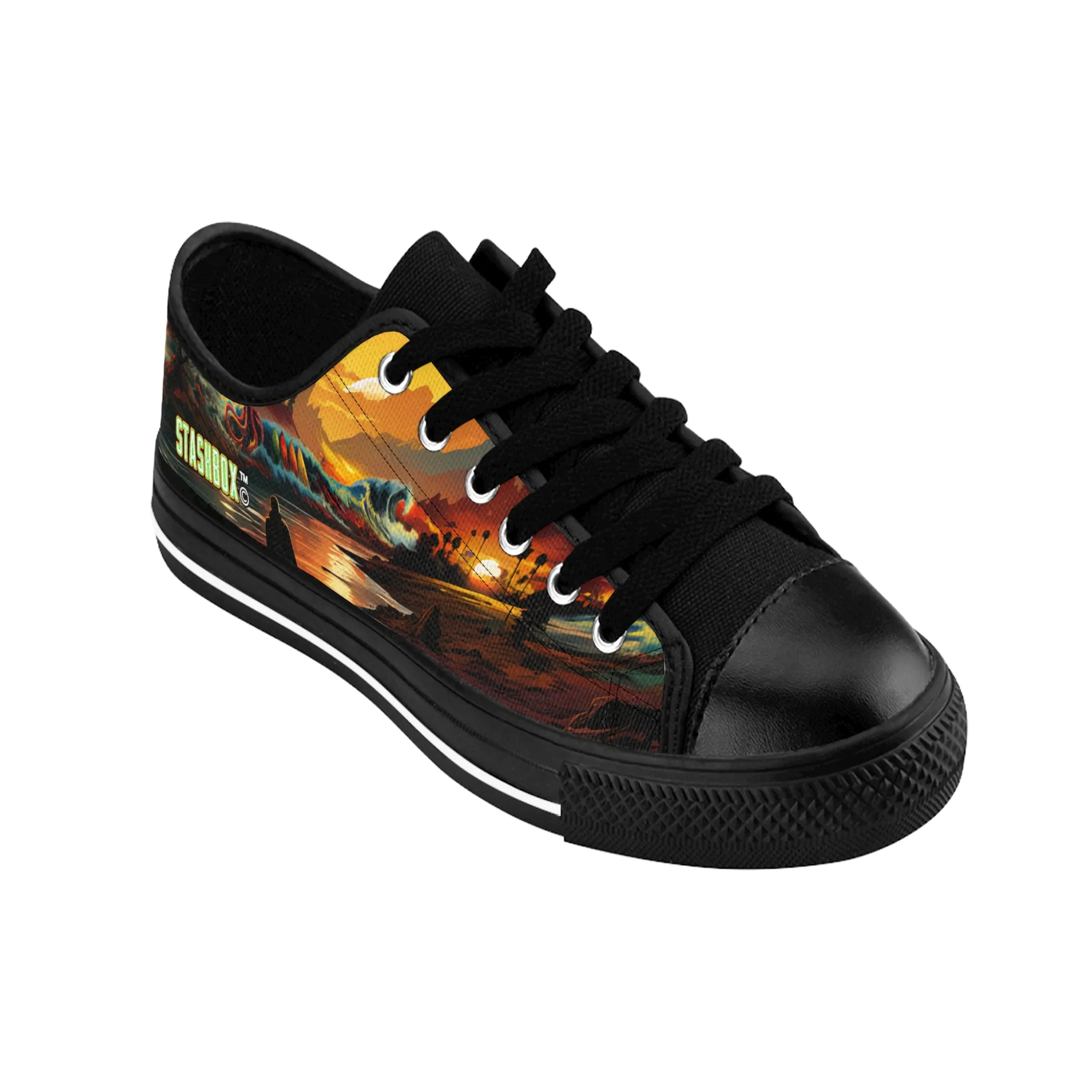 Sunset Waves, Surfboards, & Kraken - Custom Men's Sneakers - Surfboard Design #002