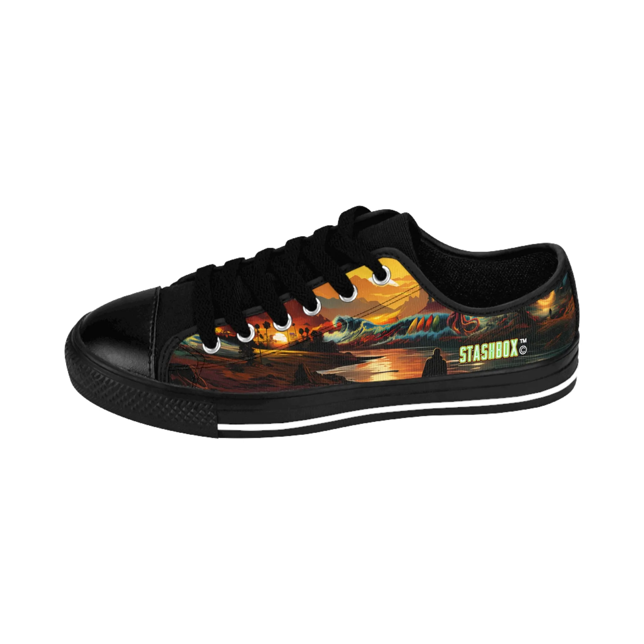 Sunset Waves, Surfboards, & Kraken - Custom Men's Sneakers - Surfboard Design #002