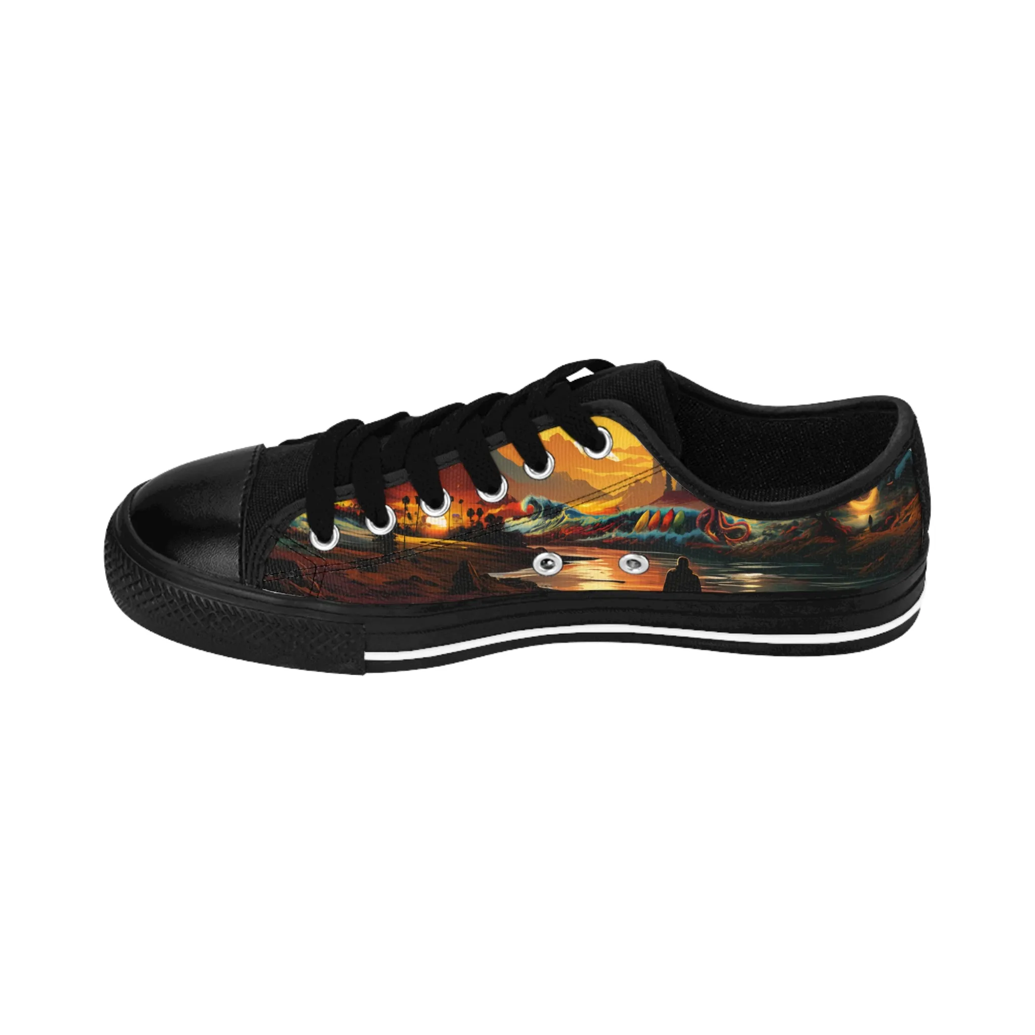 Sunset Waves, Surfboards, & Kraken - Custom Men's Sneakers - Surfboard Design #002