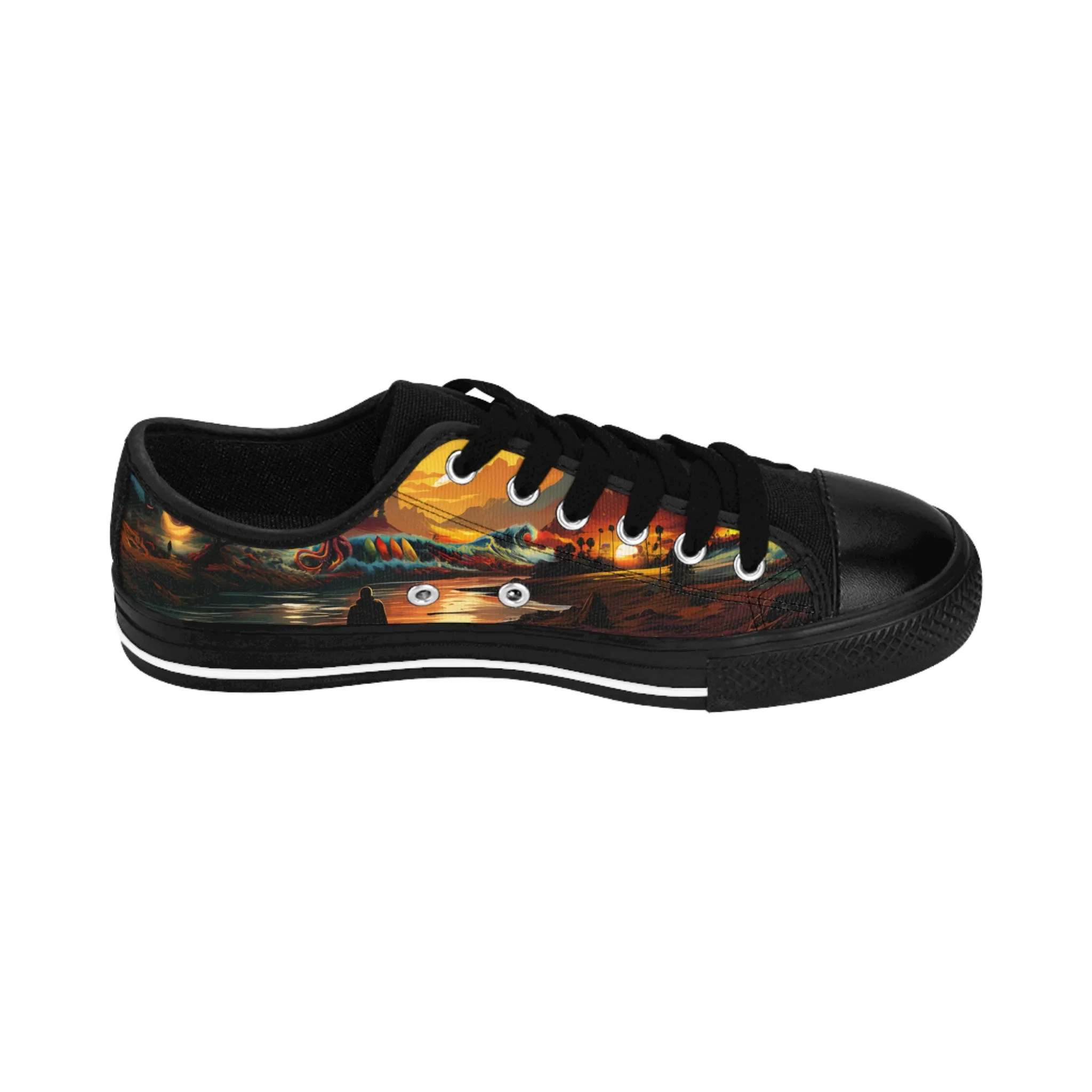 Sunset Waves, Surfboards, & Kraken - Custom Men's Sneakers - Surfboard Design #002