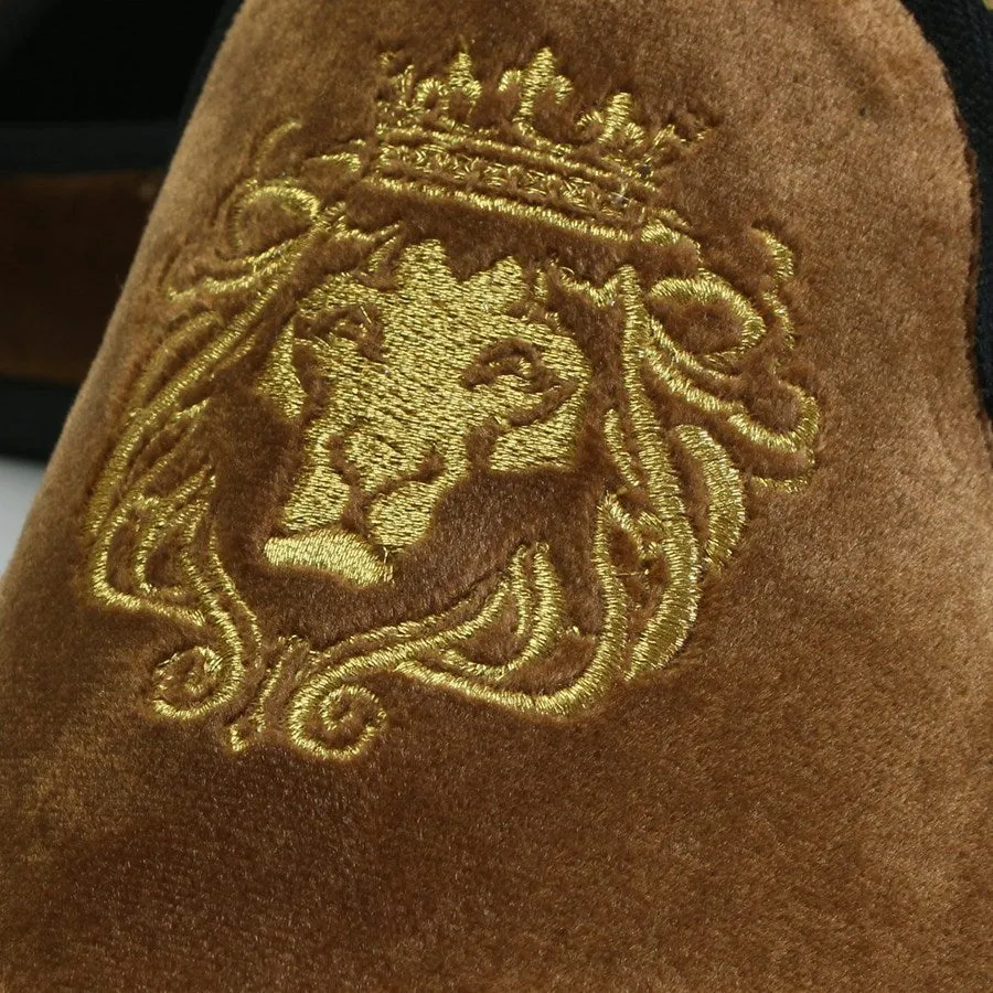 Tan Color New Flat Sole Lion King Embroidery Velvet Slip-On Shoes By Brune & Bareskin