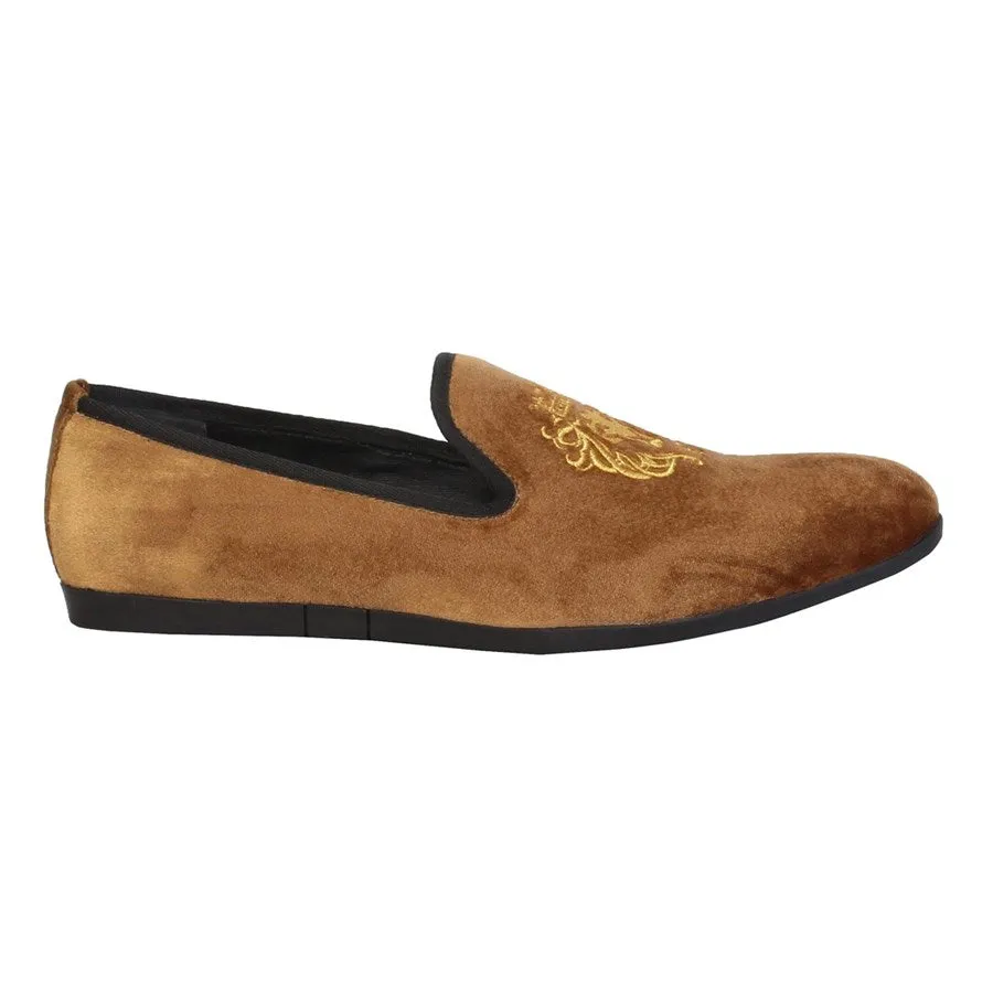 Tan Color New Flat Sole Lion King Embroidery Velvet Slip-On Shoes By Brune & Bareskin