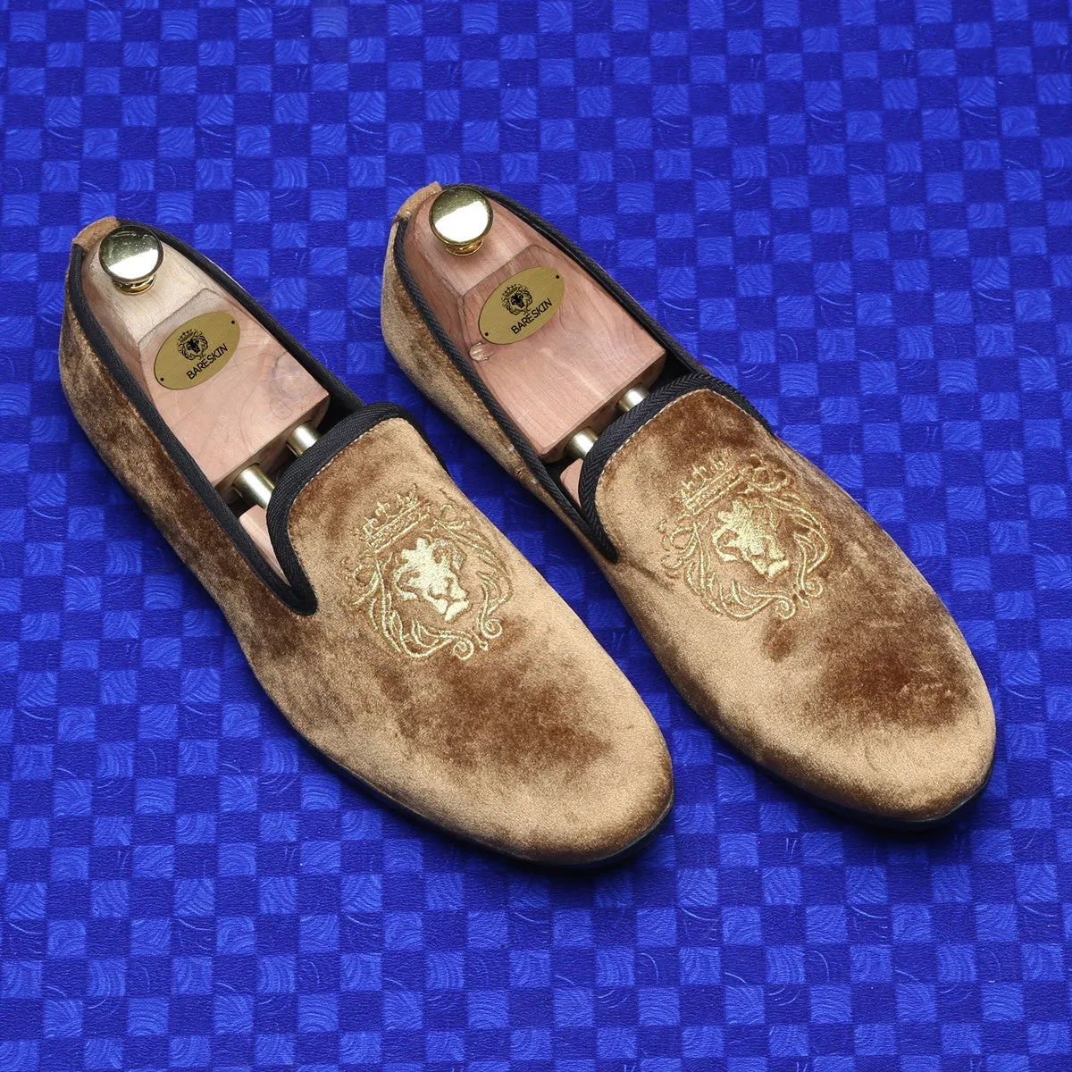 Tan Color New Flat Sole Lion King Embroidery Velvet Slip-On Shoes By Brune & Bareskin