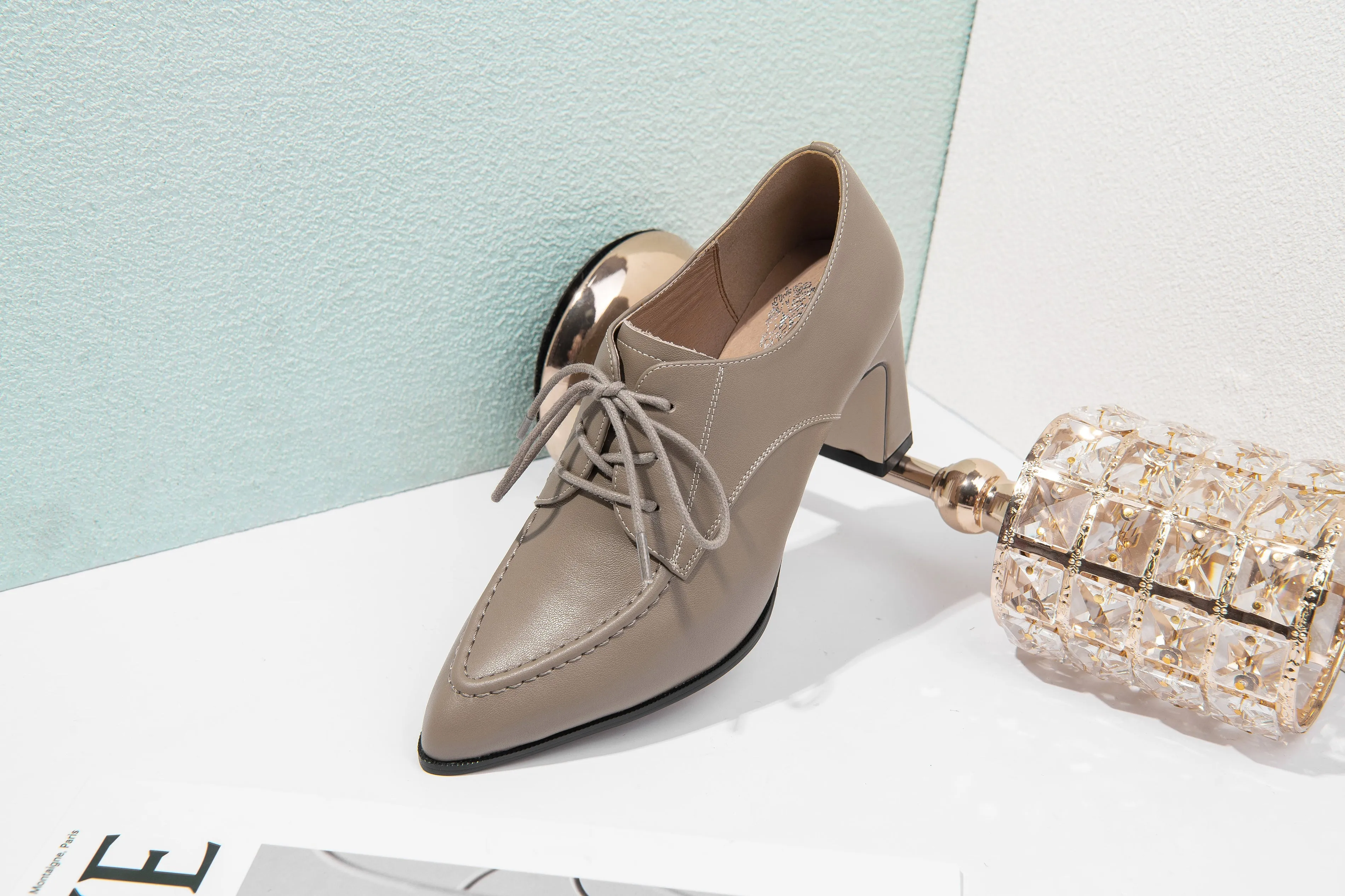 TinaCus Women's Genuine Leather Handmade Pointed Toe Lace Up Block Heel Pumps Shoes