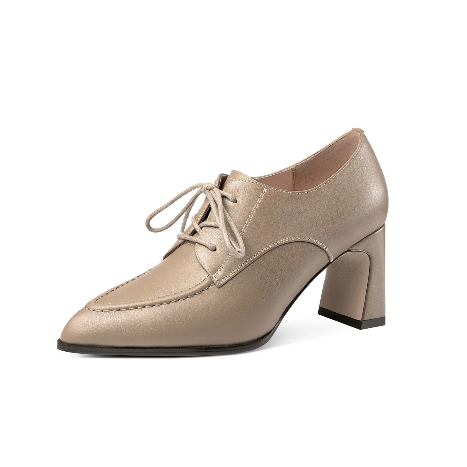 TinaCus Women's Genuine Leather Handmade Pointed Toe Lace Up Block Heel Pumps Shoes