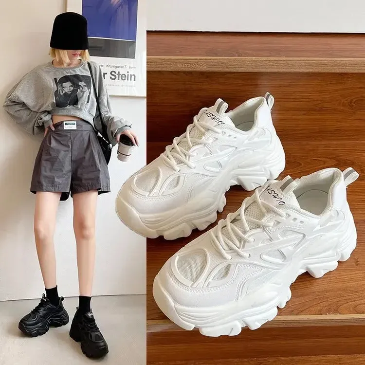 Wjczt New Black Dad Chunky Sneakers Casual Vulcanized Shoes Woman High Platform Sneakers Lace Up White Sneakers Women