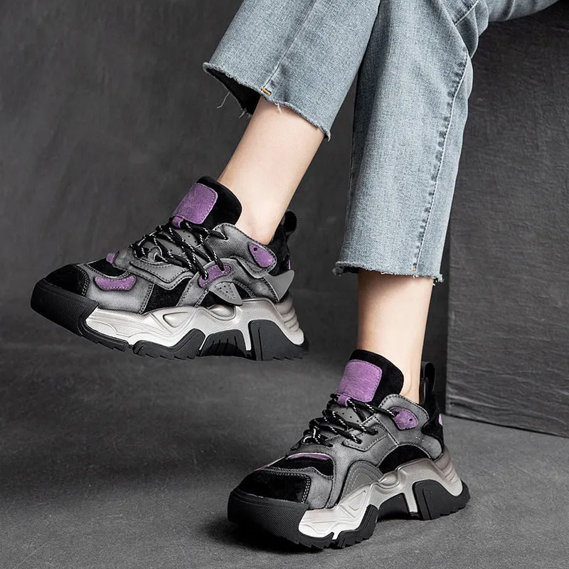 Women Retro Patchwork Leather Dad Sneakers