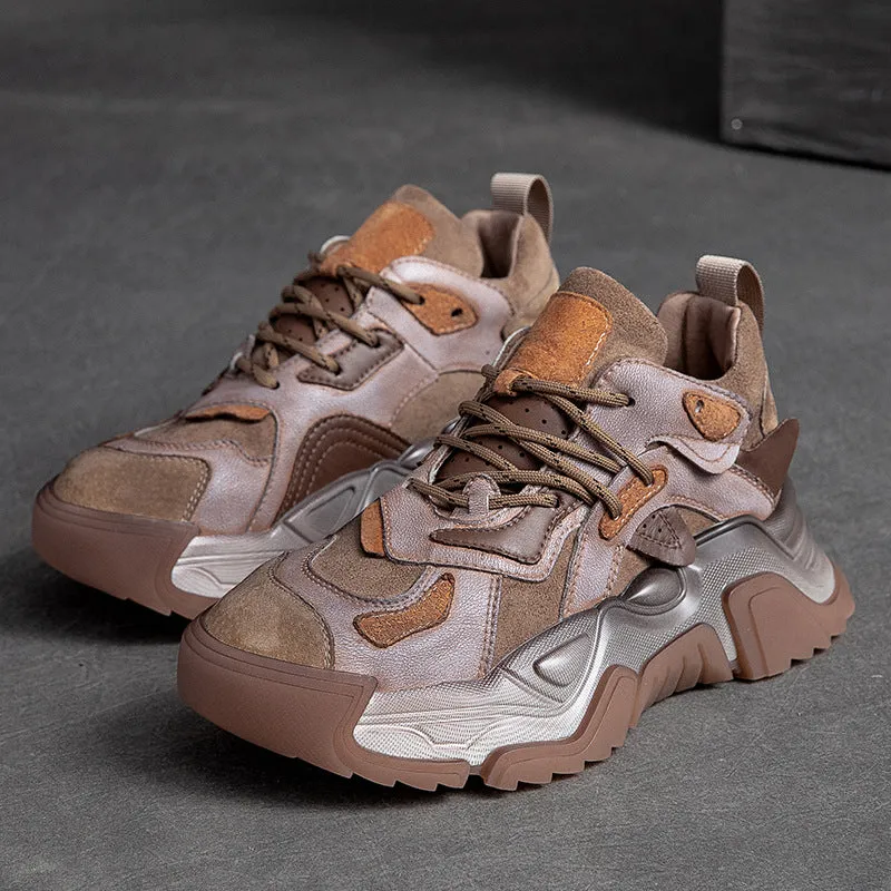 Women Retro Patchwork Leather Dad Sneakers