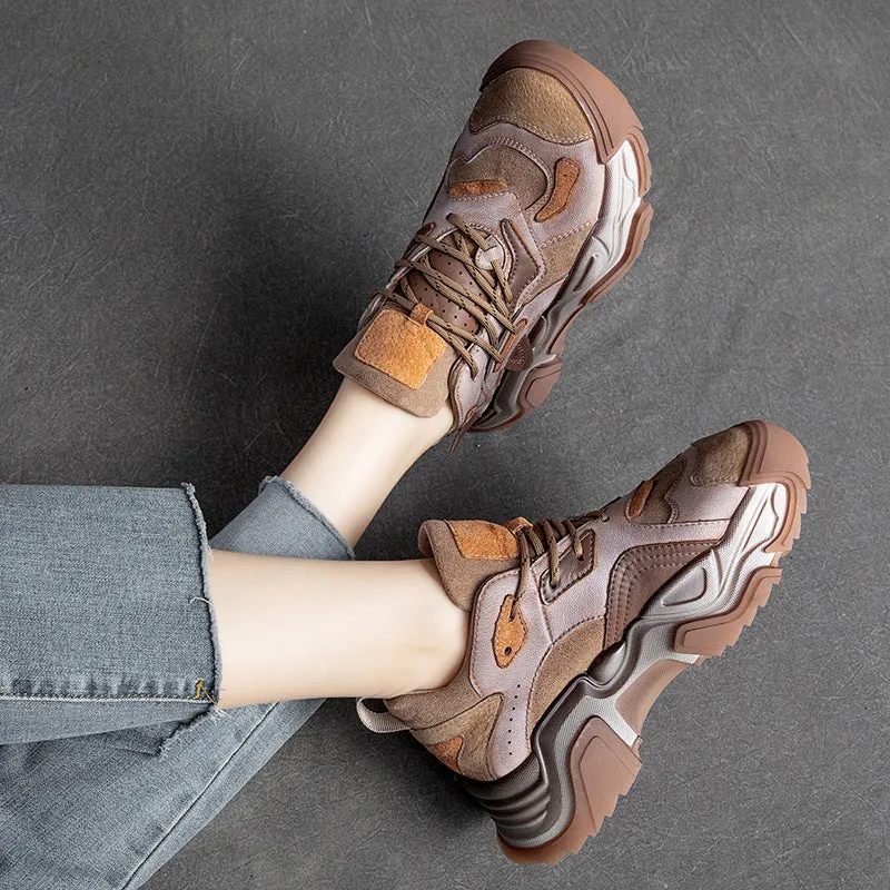 Women Retro Patchwork Leather Dad Sneakers