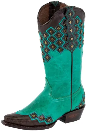 Womens Argyle Turquoise Cowboy Boots Studded Leather - Snip Toe