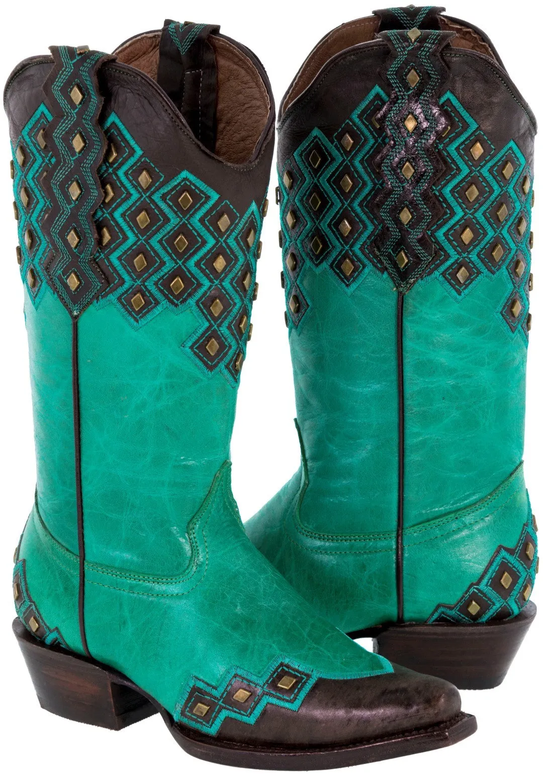 Womens Argyle Turquoise Cowboy Boots Studded Leather - Snip Toe
