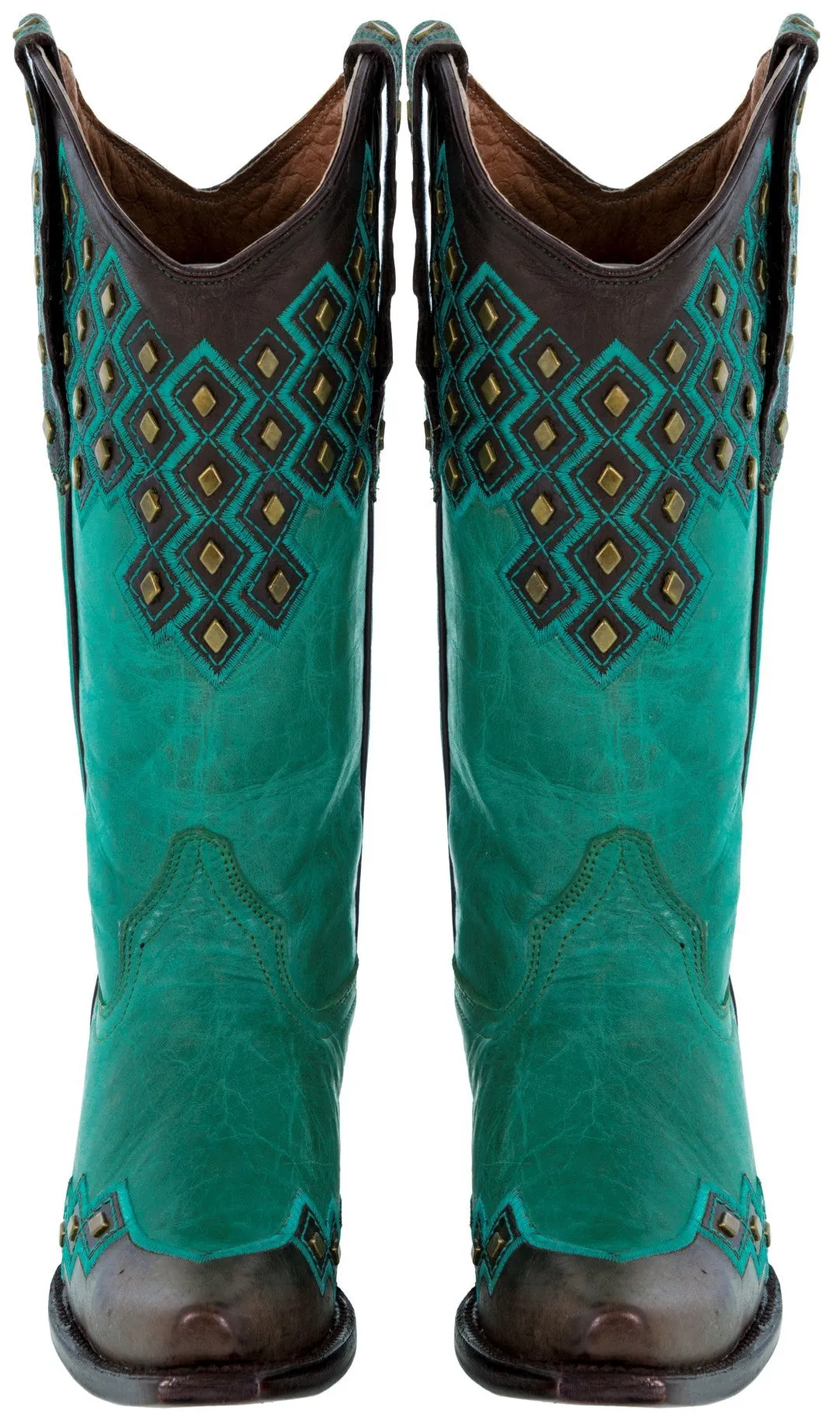 Womens Argyle Turquoise Cowboy Boots Studded Leather - Snip Toe