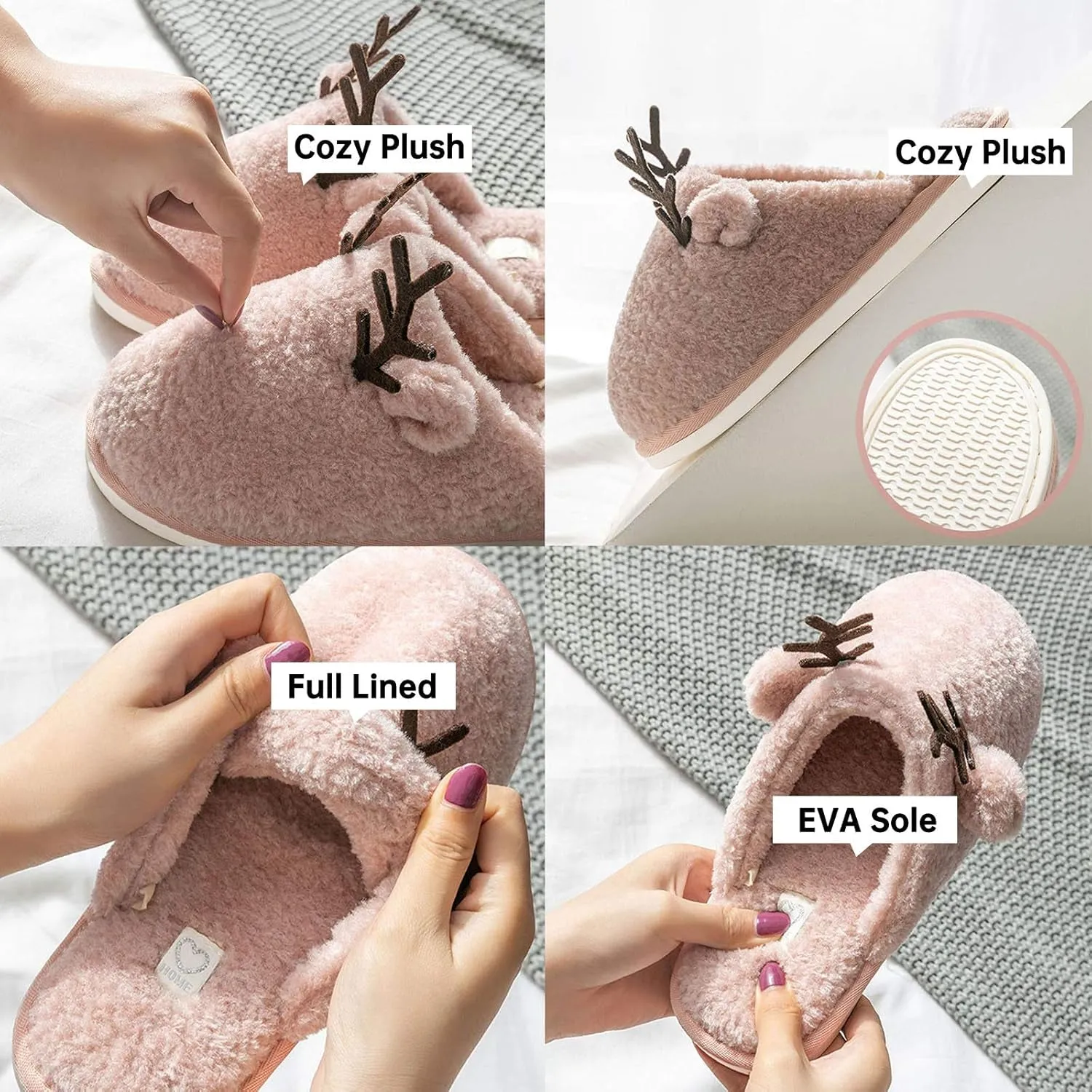 Women'S Cozy Fuzzy Fleece Slippers Memory Foam House Shoes Slide on Reindeer anti Slip Bedroom Slippers Indoor Outdoor