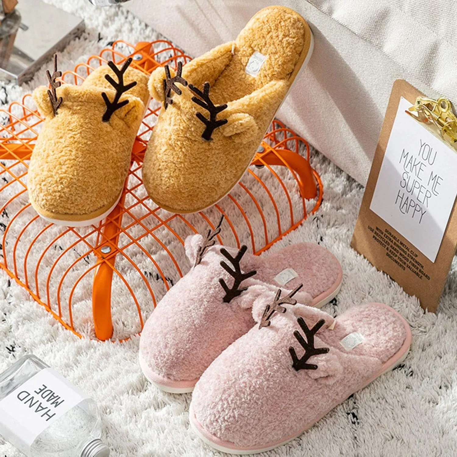 Women'S Cozy Fuzzy Fleece Slippers Memory Foam House Shoes Slide on Reindeer anti Slip Bedroom Slippers Indoor Outdoor