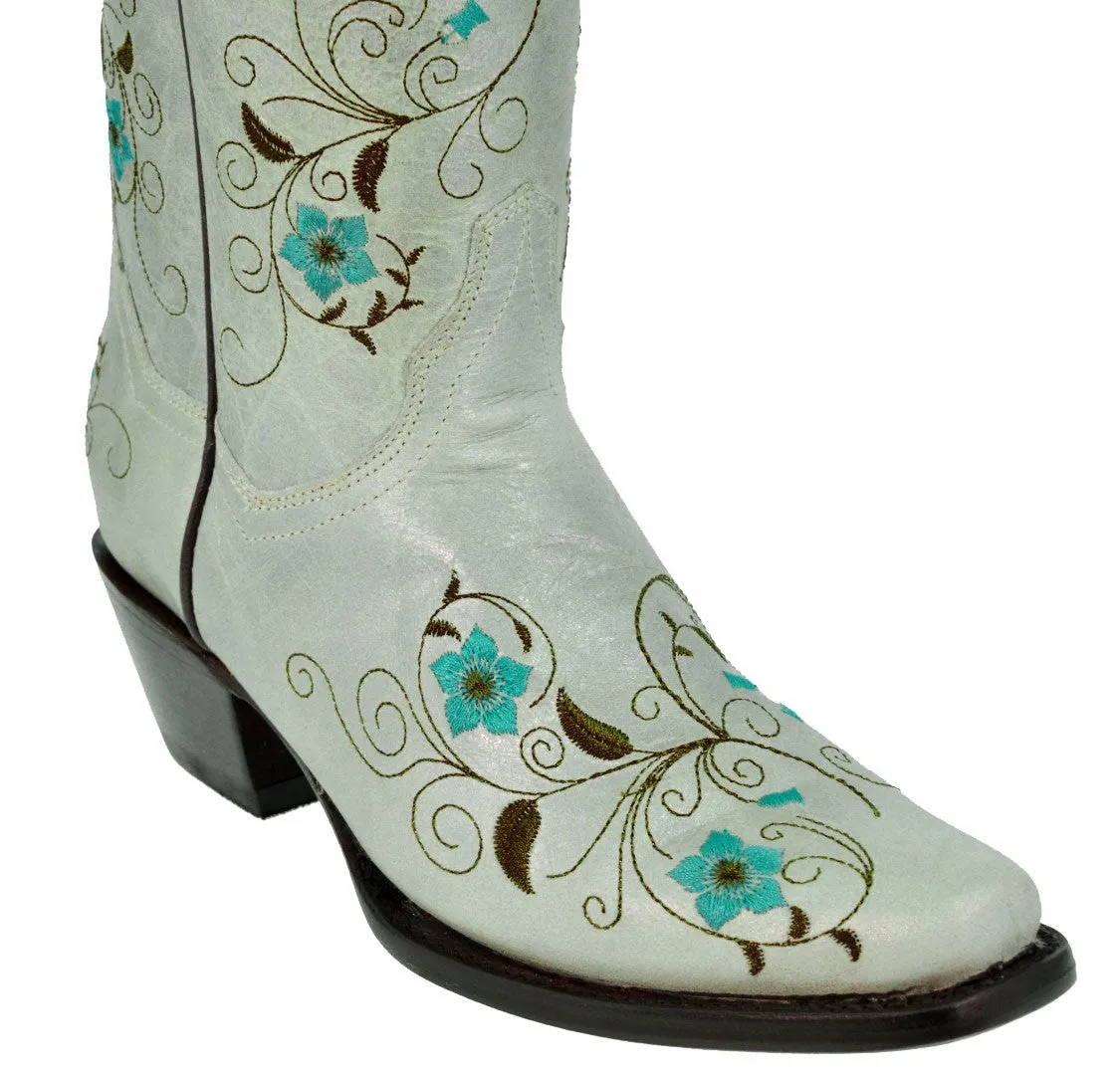 Womens Sofia Gray Green Leather Cowboy Boots - Square Toe