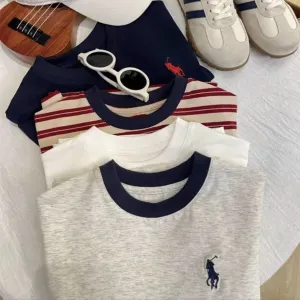 xiangtuibao  Blue Dad [Cool Feeling Ice Porcelain Cotton] Keding High Quality Combed Cotton Fabric Children's Summer Embroidery Short Sleeved T-shirt Cotton
